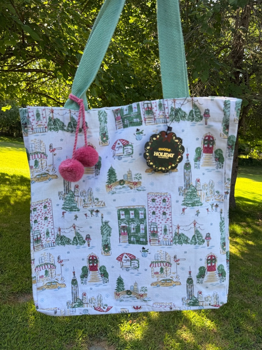 EnVogue Holiday NYC Christmas Canvas Tote Bag Pom Pom Charm NWT